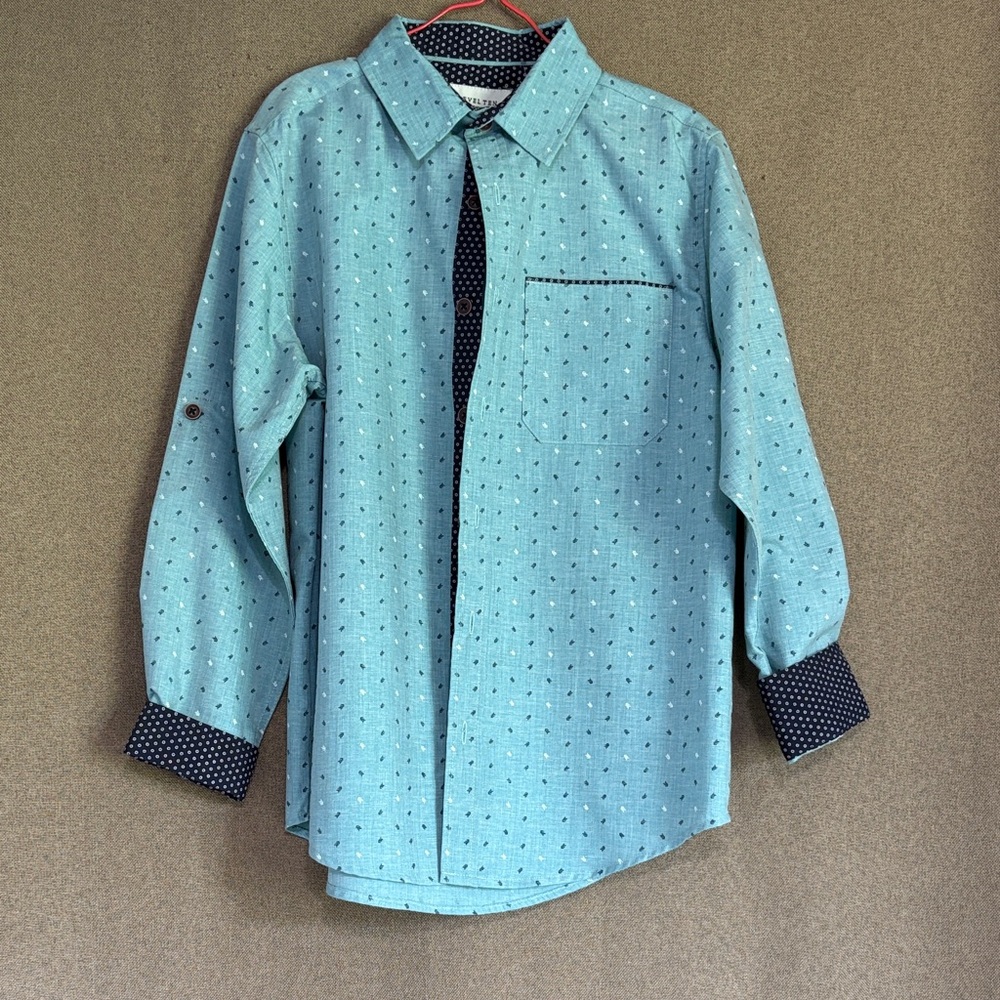 Kids' Aqua Button Down Shirt with Navy Details Size 8